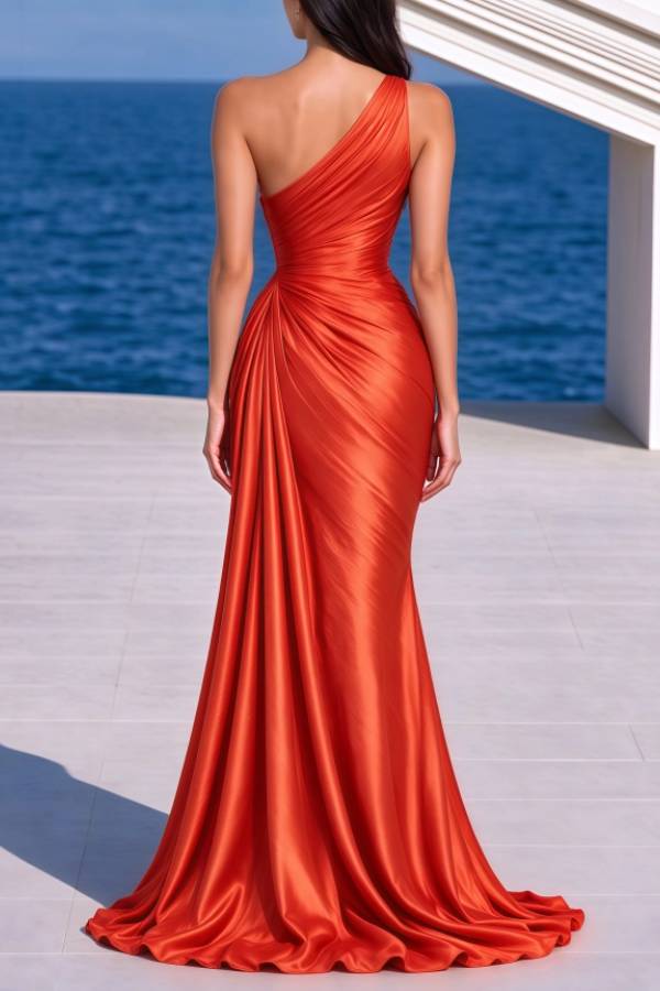 Emerald Green One Shoulder Ruched Satin Maxi Dress Elegant Evening Gown