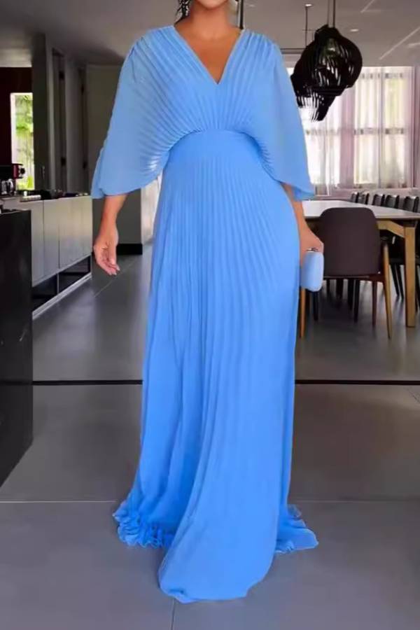 Deep V Batwing Sleeve Pleated Waist Cinched Maxi Evening Gown