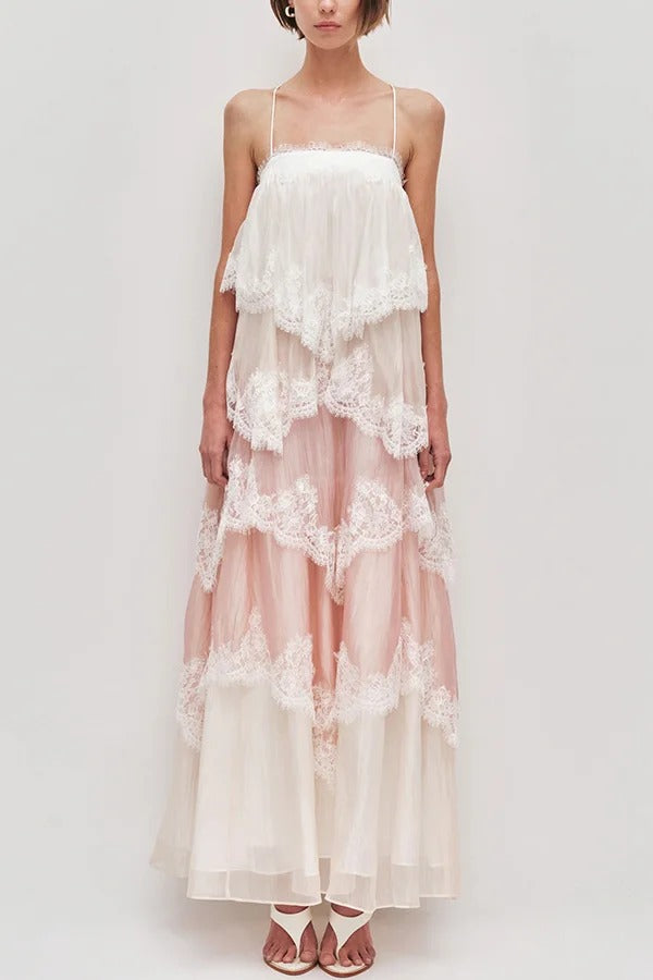 Caroline Gradient Layered Lace Trim Tiers Adjustable Straps Backless A-line Maxi Dress