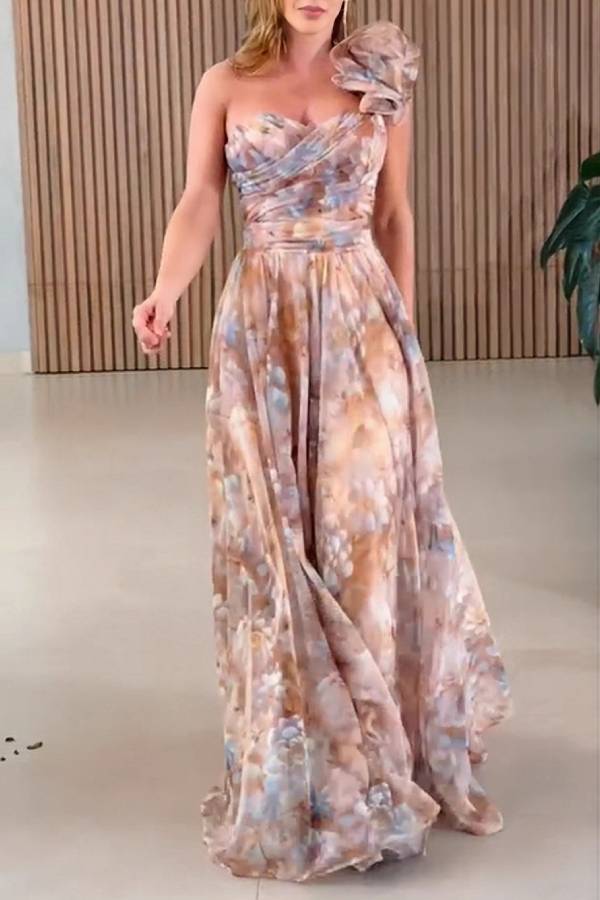Watercolor-Print One-Shoulder Floral Evening Gown