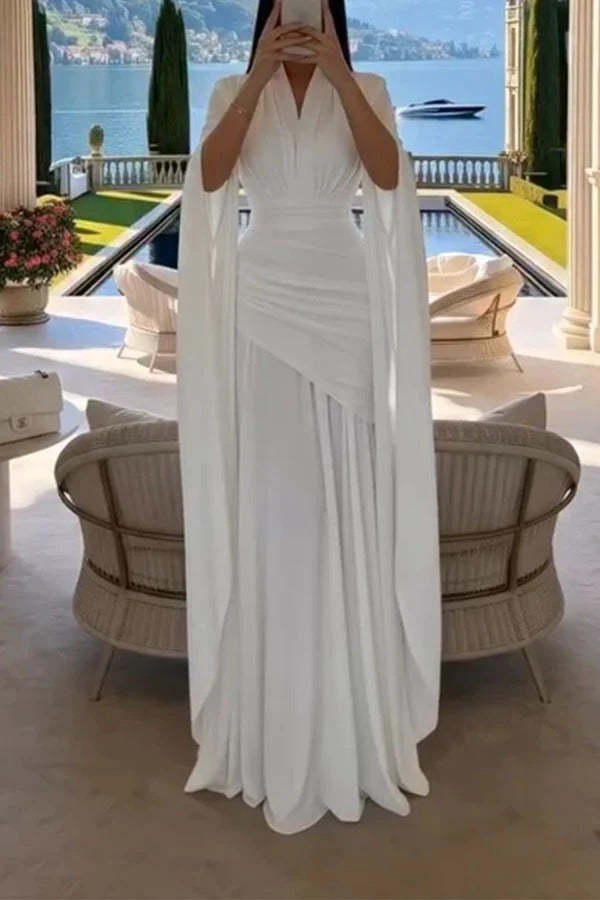 Luxury Cape Sleeve V-Neck Pleated Maxi Dress