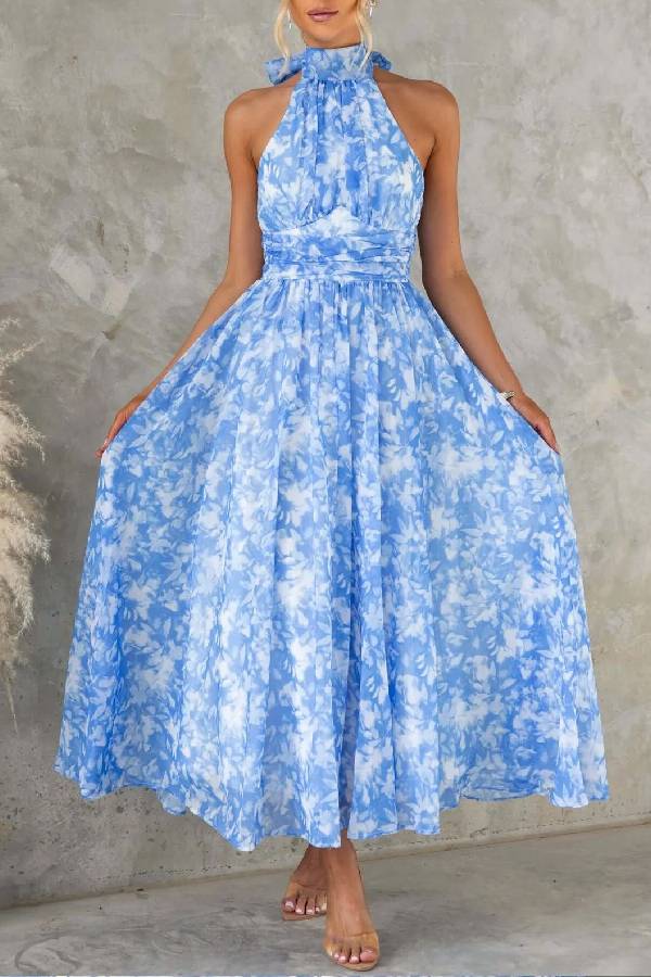 Watercolor Halter-Neck Waisted Maxi Dress
