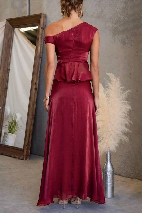 One‑Shoulder Twist Ruffle Shiny Formal Maxi Dress