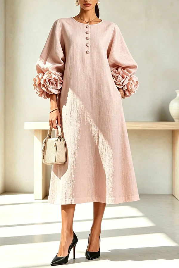 Rima Linen Blend Flowers Button Down Floral Cuffs Half Sleeve Pocket Midi Dress