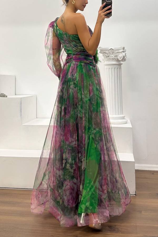 Floral Decor Chiffon Print One Shoulder Evening Gown Maxi Dresses