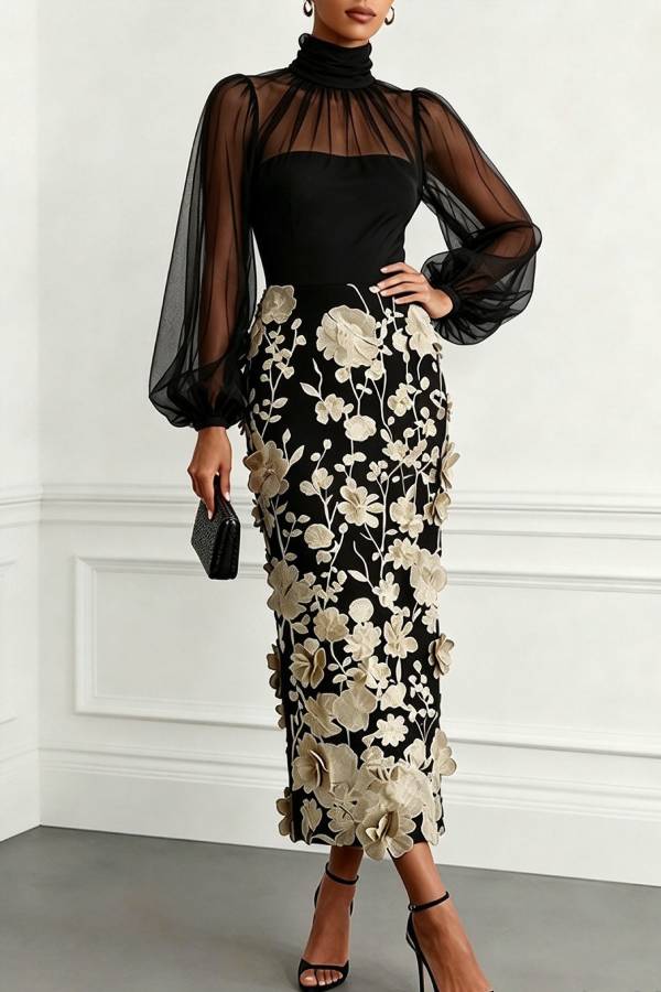 Tanie Tulle High Neck Long Lantern Sleeve 3D Floral Appliqués Hem Midi Dress