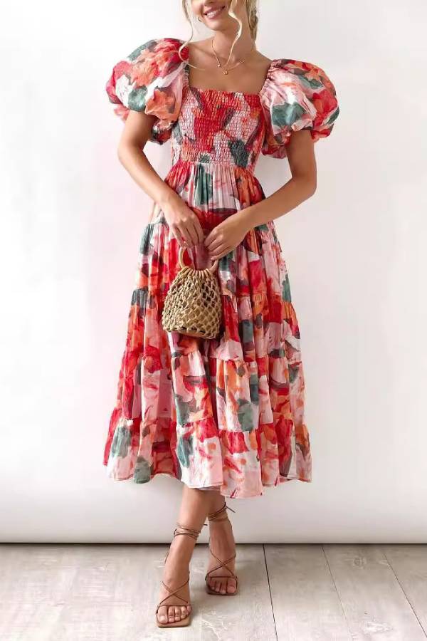 Off Shoulder Puff Sleeve Floral Smocked Tiered Midi Vacation Dress