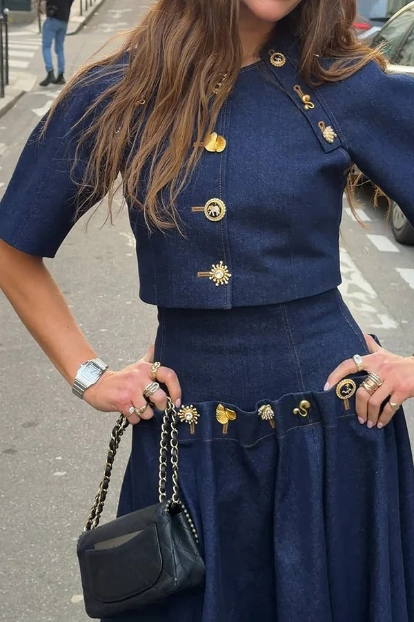 Custom Look Denim Unique Metal Pattern Buttons Slit Half Sleeve Crop Jacket