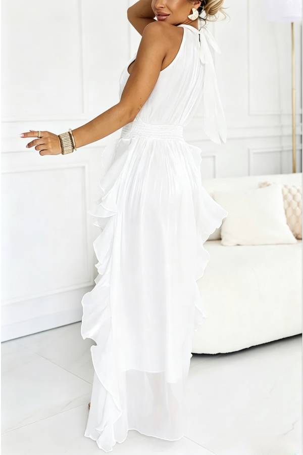 Clara Shimmer Fabric High Tie-up Neck Sleeveless Layered Ruffles Hem Maxi Dress