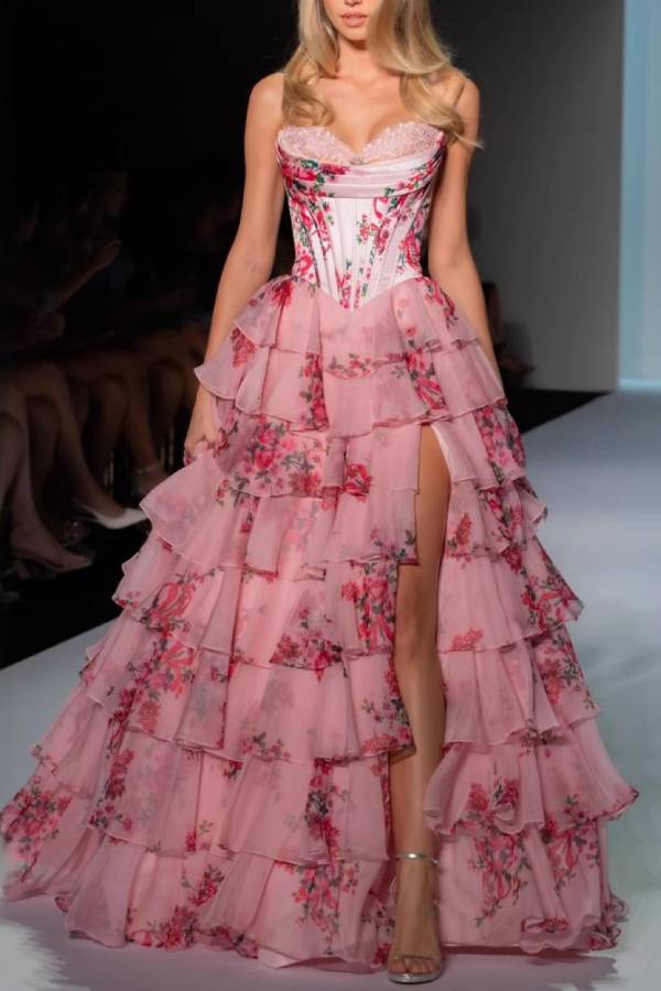 Strapless Corset Printed Tiered Ruffle High-Slit Evening Gown