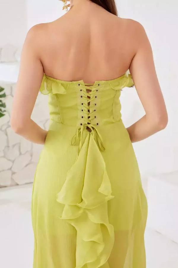 Lemon Yellow Strapless Corset Ruffled Slit Evening Gown