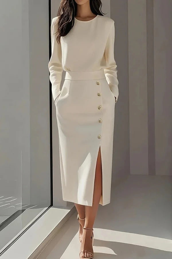 Solid Color Long Sleeves Pocket Button Decorated Slit Midi Dress