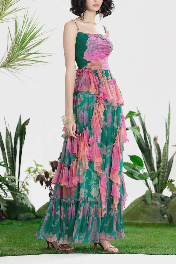 Color‑block Floral Print Tiered Ruffle Cami Maxi Dress