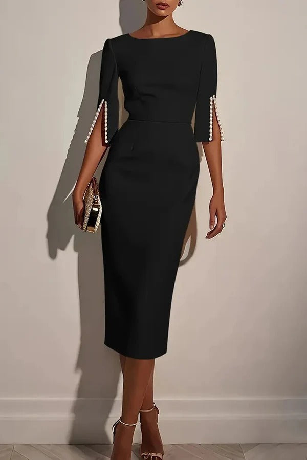 Solid Color Elegant Round Neck Half Sleeve Beaded Decorated Slim Fit Midi Dress