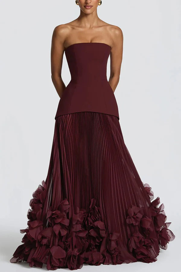Serafina Strapless Back Lace-up Handcrafted Floral Appliqués Pleated Hem Gown Maxi Dress