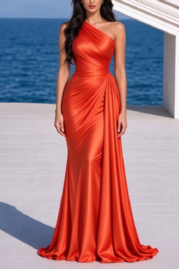 Emerald Green One Shoulder Ruched Satin Maxi Dress Elegant Evening Gown