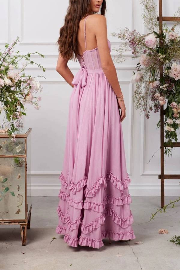 Multi-Color Spaghetti Strap V-Neck Ruffle Slit Maxi Formal Dress