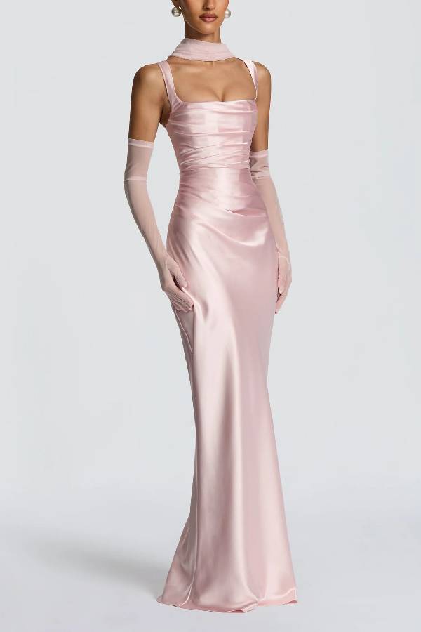 Halter Square Neck Ruched Satin Mermaid Maxi Evening Gown