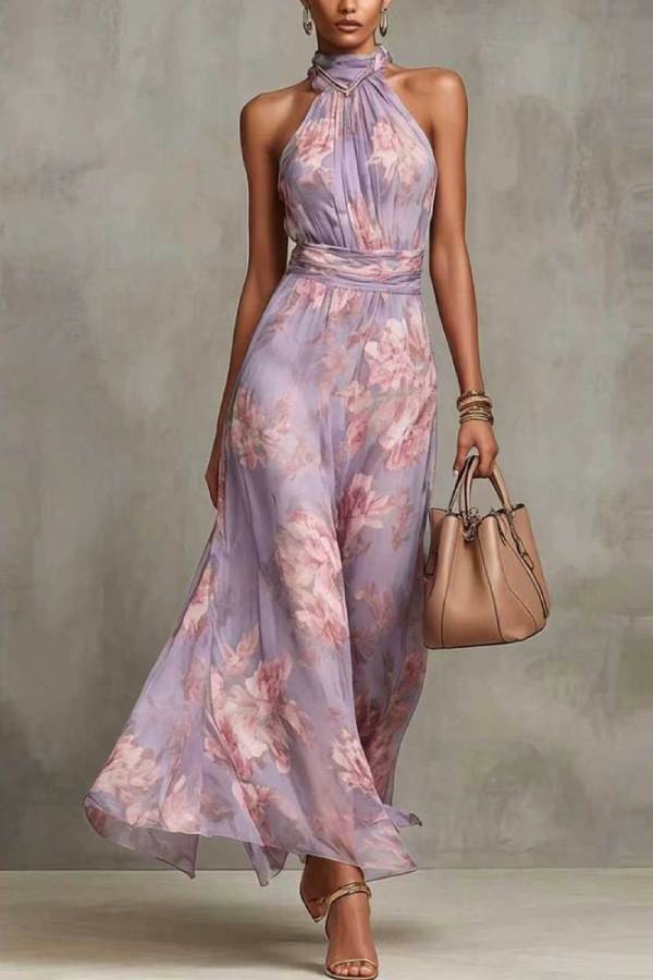 Halter Neck Watercolor Floral Print Chiffon Maxi Dress