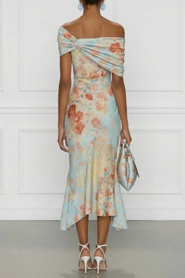 One-Shoulder Twisted Satin Floral Print Midi Dress