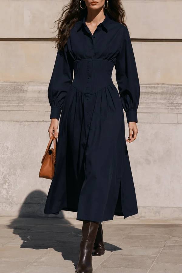 Navy Corset Waist Shirt Midi Dress