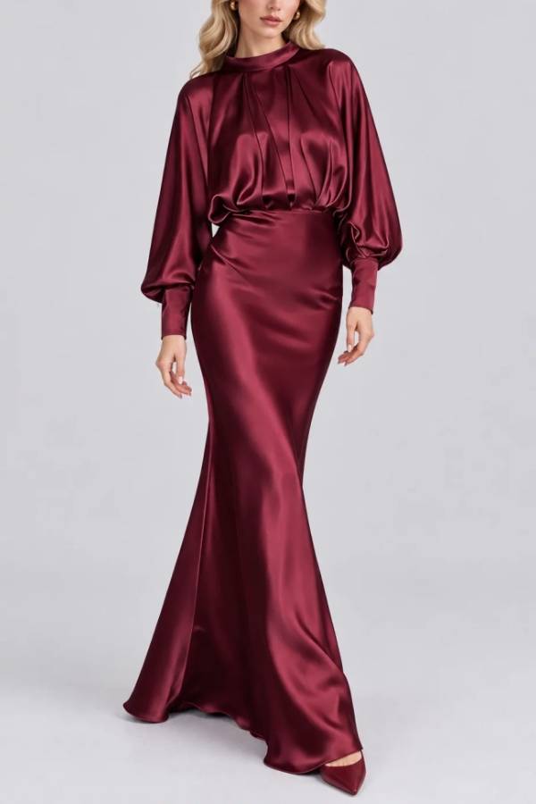 High Neck Bishop Sleeve Gathered Bodice Satin Maxi Dress
