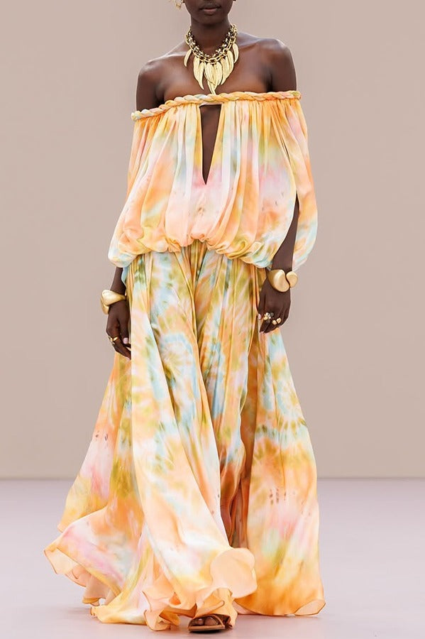 Gorgeous 70s Dream Tie-dye Print Off Shoulder Braid Cutout Detail Drape Maxi Dress