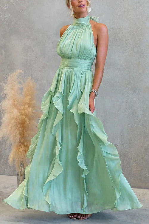 Halter Neck Waisted Ruffle Maxi Dress