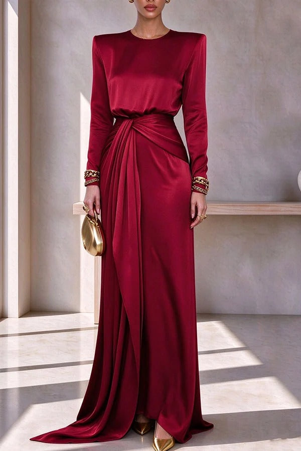 Luna Satin Long Sleeve Top and High Rise Tie-up Waist Slit Maxi Skirt Set