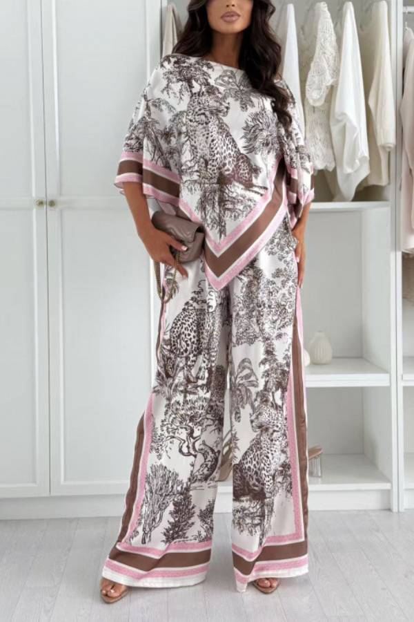 Jungle Leopard Print Batwing Sleeve Top & Wide‑Leg Pants Two‑Piece Set