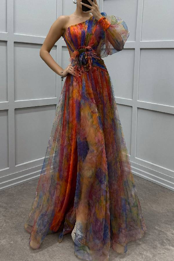 Floral Decor Chiffon Print One Shoulder Evening Gown Maxi Dresses