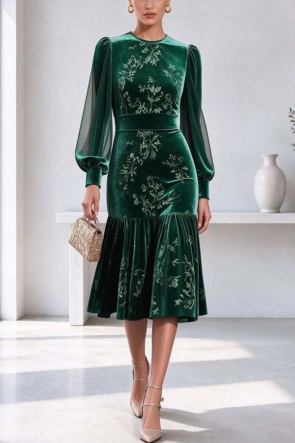 Velvet Sheer Sleeve Floral Dress