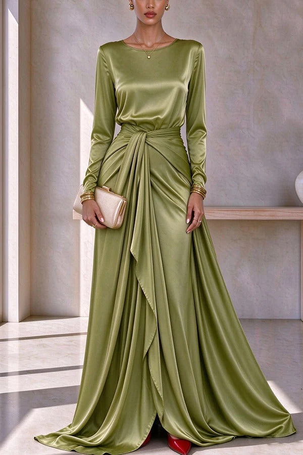 Luna Satin Long Sleeve Top and High Rise Tie-up Waist Slit Maxi Skirt Set