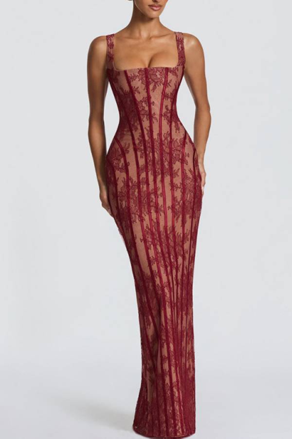 Square Neck Strap Lace Corset‑Style Maxi Evening Dress