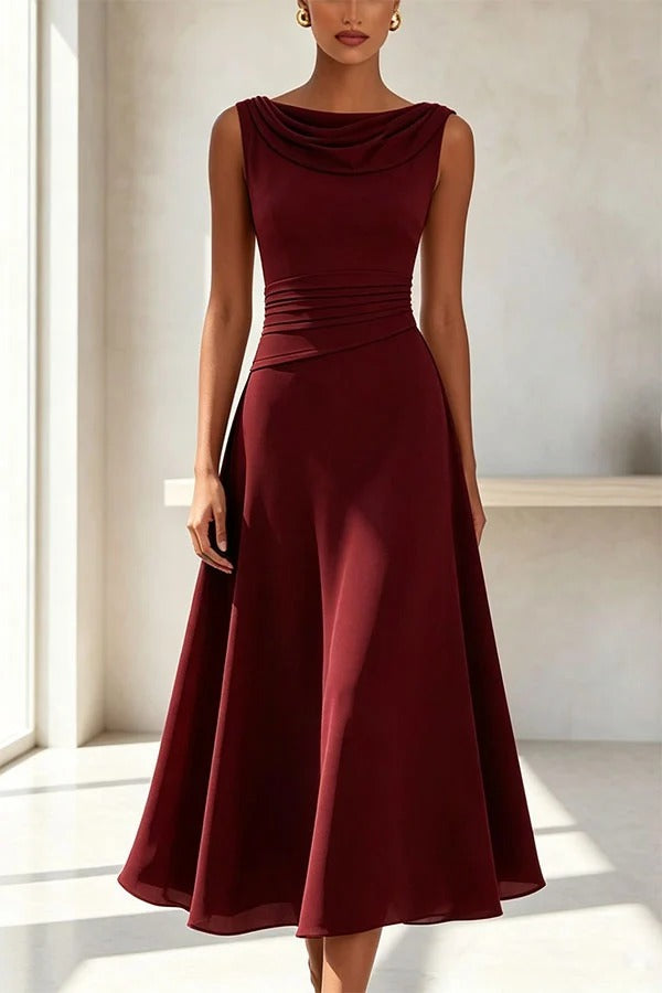 Solid Color Swing Collar Sleeveless Elegant Fitted Waist Full Hem Midi Dress