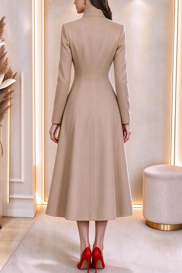 French Style Stand Collar Single Button Placket A-line Trench Coat Midi Dress