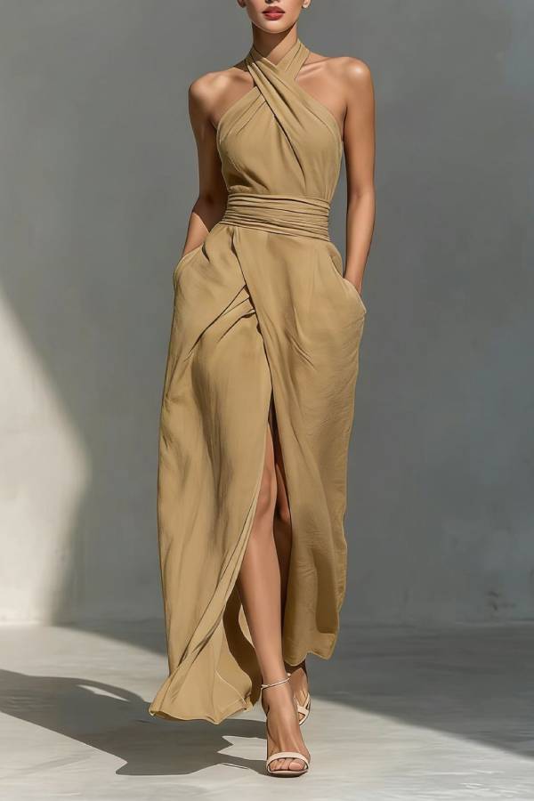Halter Cross-Wrap Waist Slit Maxi Dress
