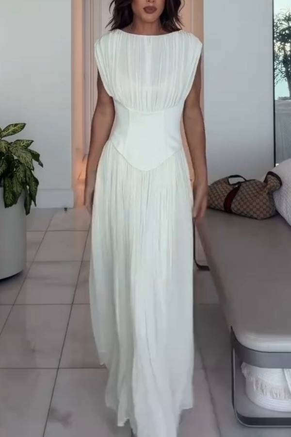 Boned Corset Waist Pleated Sleeveless Maxi Dress