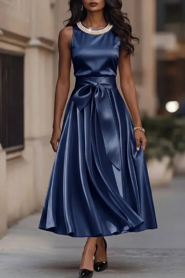 Elegant Ivory Sleeveless Satin Midi Dress with Pearl Neckline and Bow Waist