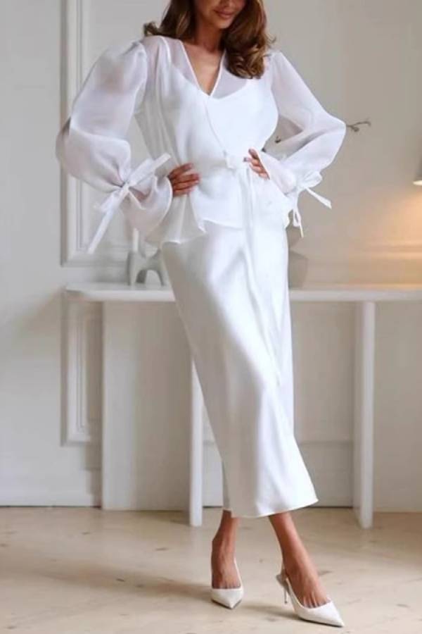 Organza Puff Sleeve Wrap Tie Top & Satin Midi Mermaid Skirt Two-Piece Set