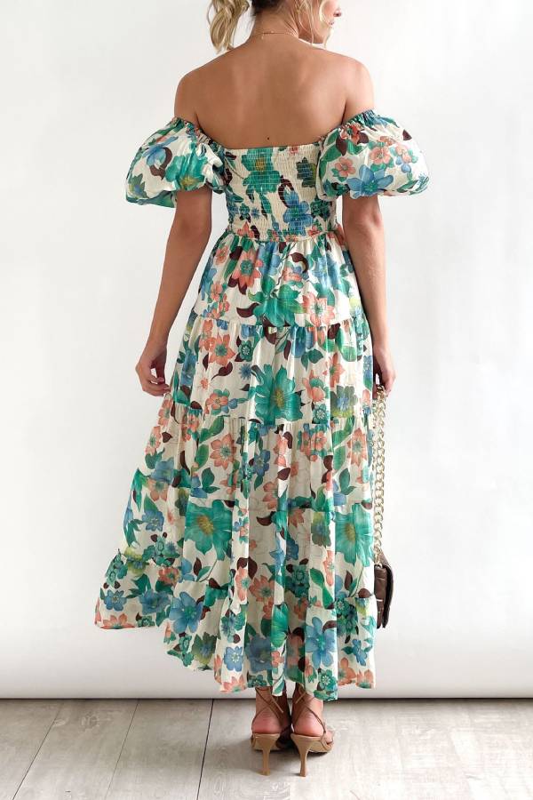 Off Shoulder Puff Sleeve Floral Smocked Tiered Midi Vacation Dress