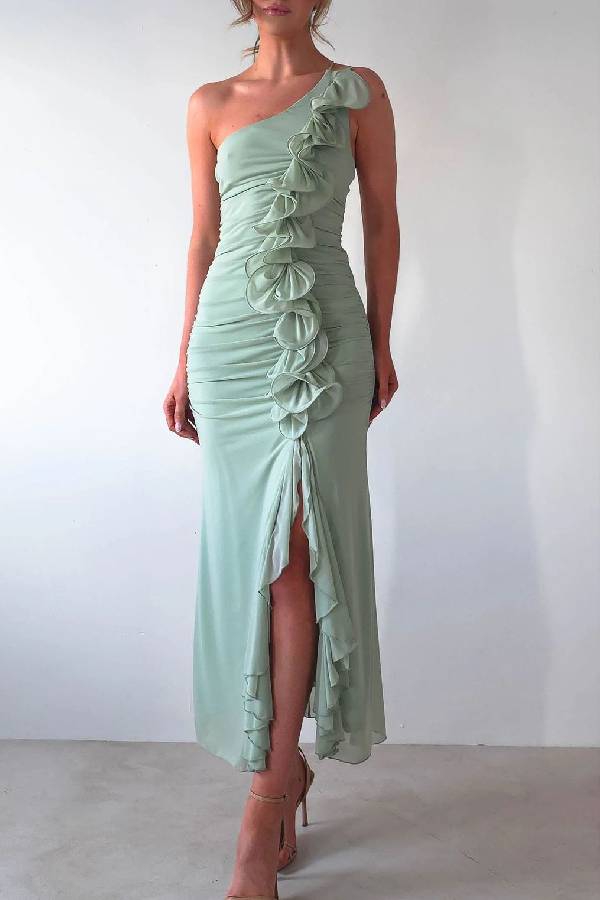 One‑Shoulder Ruffle Ruched Slit Midi Evening Dress
