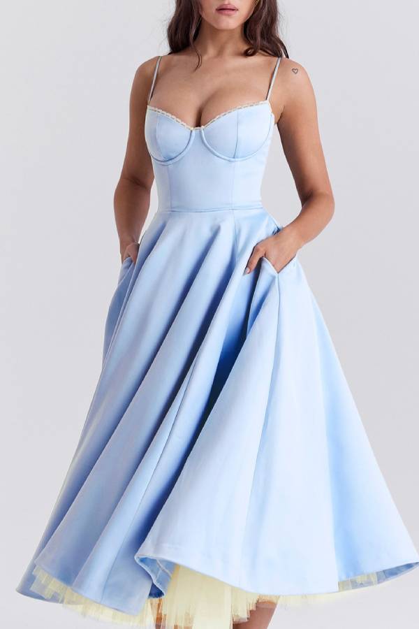 Lace Trim Corset Satin Midi Swing Dress