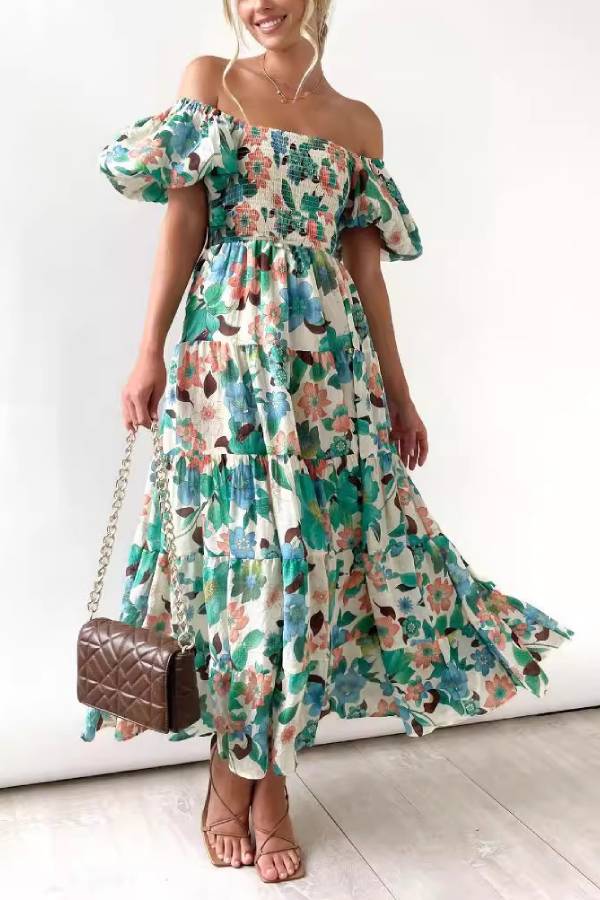 Off Shoulder Puff Sleeve Floral Smocked Tiered Midi Vacation Dress