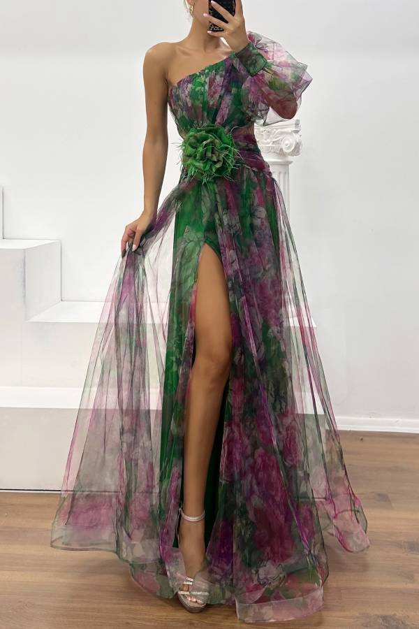 Floral Decor Chiffon Print One Shoulder Evening Gown Maxi Dresses