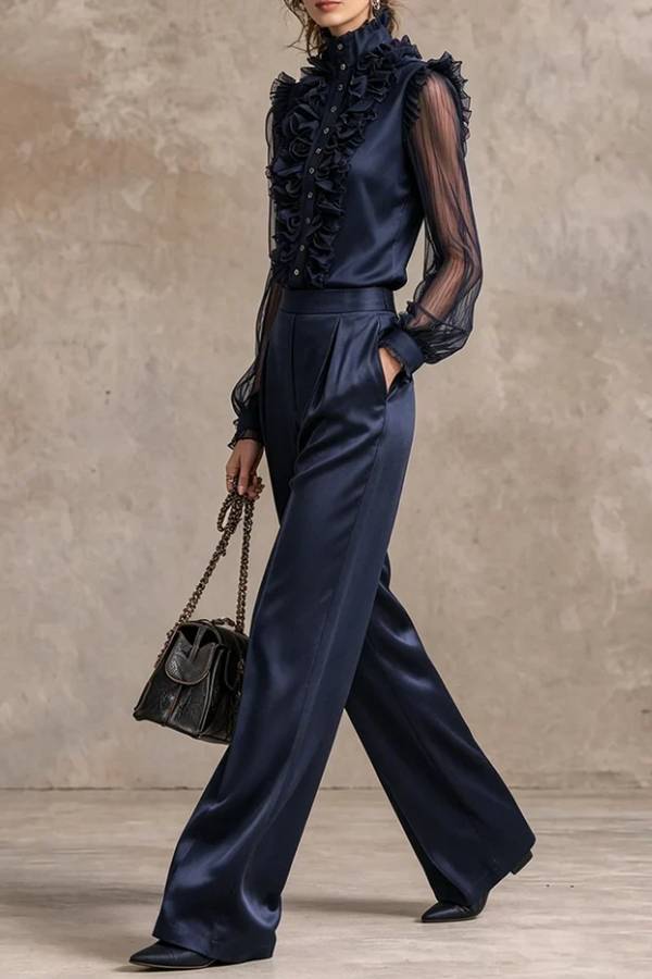 Elegant Ruffle Front Blouse and Wide-Leg Trouser Two-Piece Set