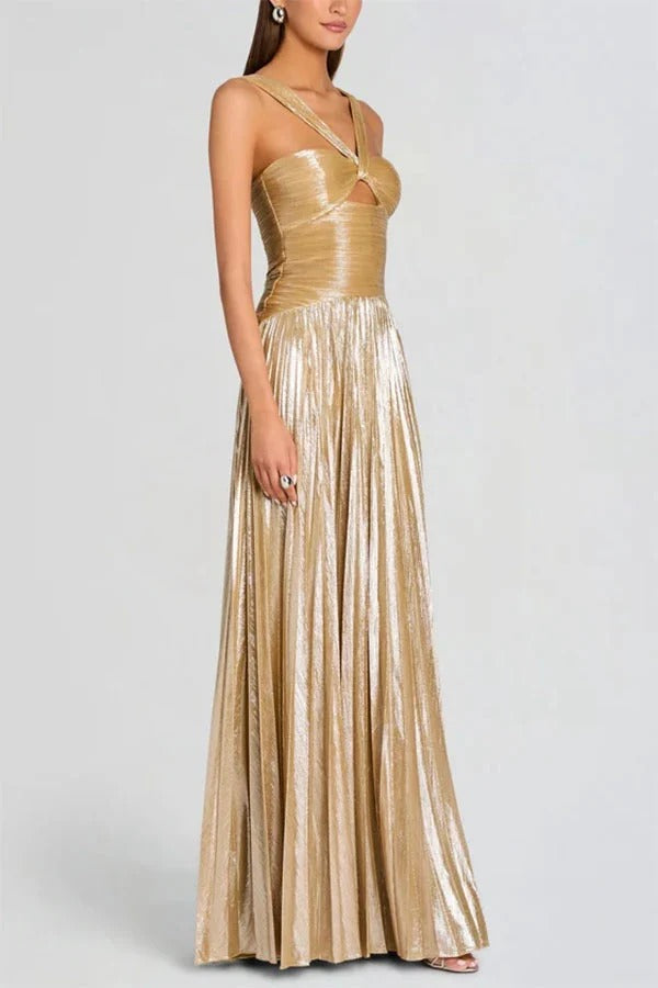 Solace Pleated Metallic Fabric Halter Neck Cutout Flowy Maxi Dress