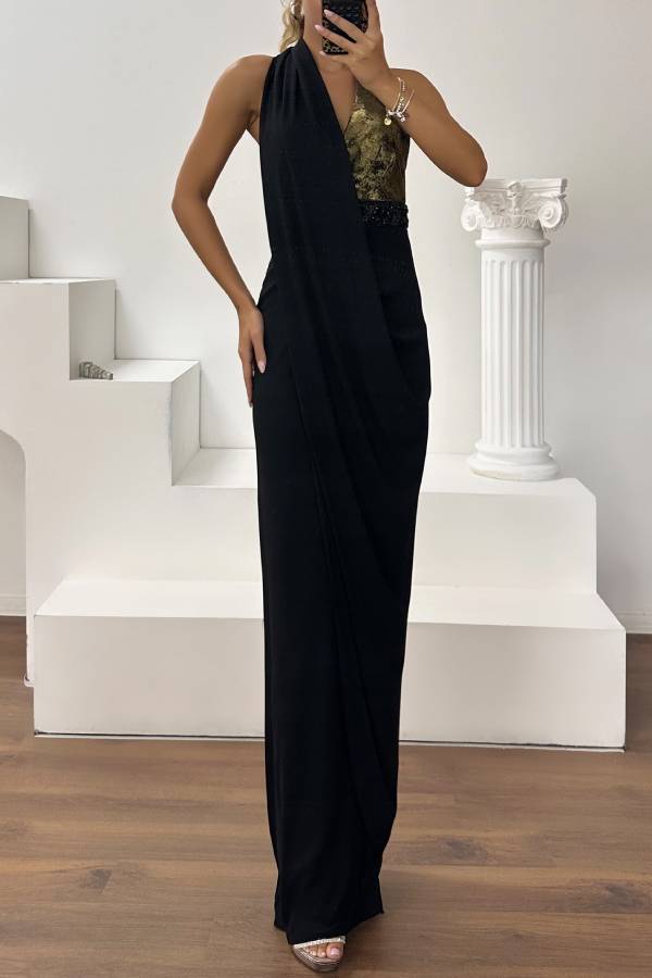 Halter Color‑Block Rhinestone Wrap Long Evening Gown