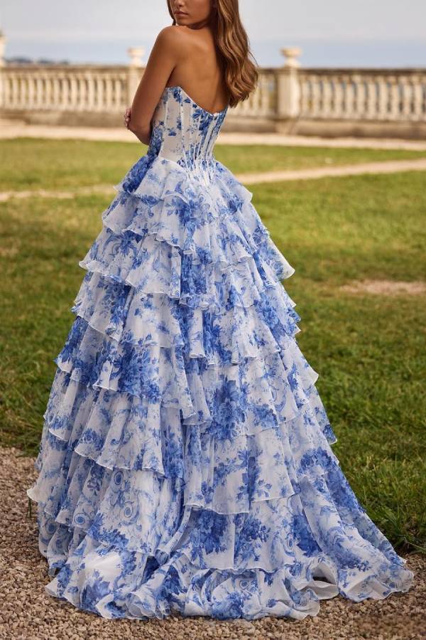Strapless Corset Printed Tiered Ruffle High-Slit Evening Gown