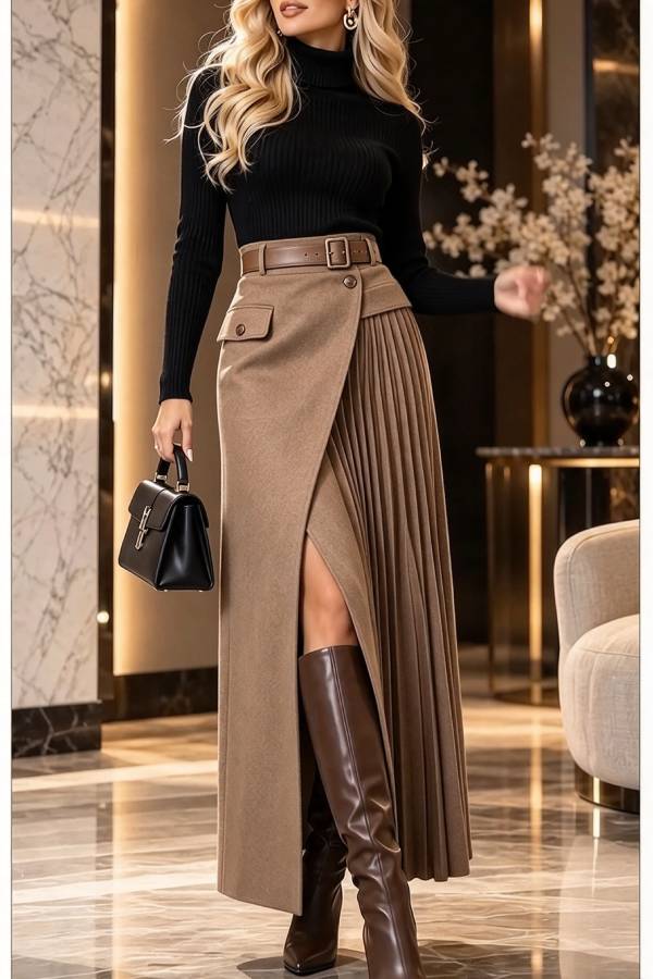 Distinctive Style High Rise Pocketed Pleated Hem Slit Maxi Skirt